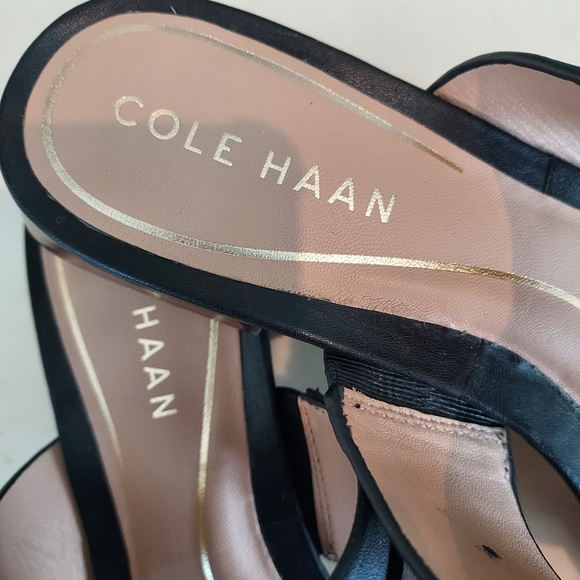 Black Leather Toe-Post Slide Sandals with Gold Buckle Accent - Picture 4 of 10